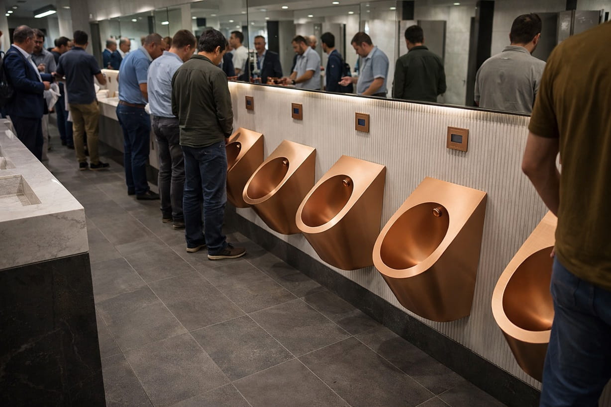 Modern public men's restroom featuring wall-mounted copper finish urinals with a row of sinks and mirrors in a contemporary commercial bathroom.